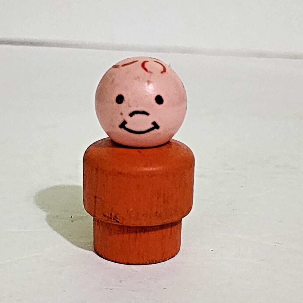 Vintage Fisher-Price Little People Orange Boy Red Hair Wooden Figure Toy 1 5/8"